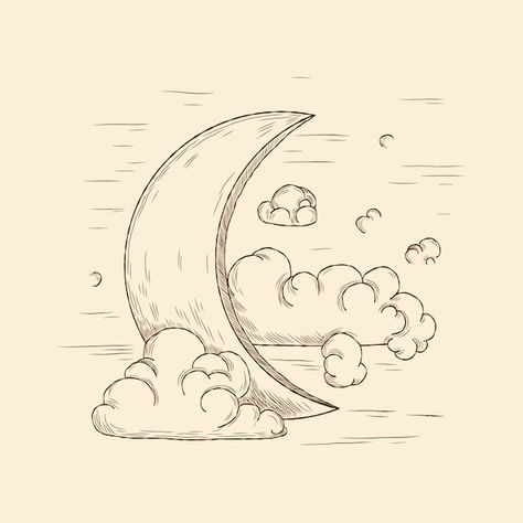 Cresent Moon Drawing, Crescent Moon Drawing, Corner Drawing, Drawing Moon, Cloud Outline, Moon Sketches, Doddle Art, Space Drawings, Procreate Ipad Art