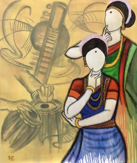 The peace and beauty of classical music is a vibe. Acrylic colors on the canvas are used to define the beauty of Indian classical music. Creative Composition Painting, Indian Contemporary Art Paintings, Pictorial Composition Painting, Composition Drawing Painting, Modern Indian Art Paintings, Cept University Ahmedabad, Human Figure Painting, Pictorial Design, Indian Contemporary Art