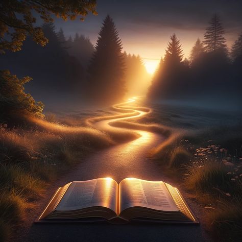 A serene landscape at twilight with a narrow, winding path leading through it. Soft, golden light emanates from an open book lying on the path, casting a warm glow on the surrounding grass and trees. The book's pages seem to shimmer with a subtle, ethereal quality, symbolizing guidance and enlightenment. This image represents the metaphor of God's Word as a lamp to the feet and a light to the path, as mentioned in Psalm 119:105. Christian Background Images, Path To Heaven, 5 Solas, Prayer Images, Bible Photos, Winding Path, Open Bible, Church Backgrounds, Bible Verse Background