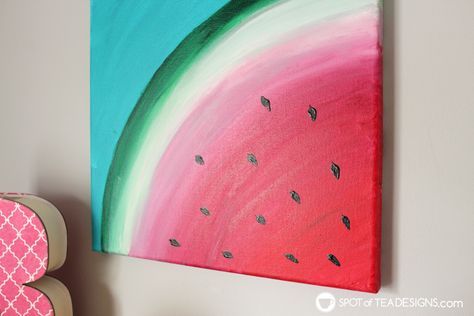 Watermelon canvas art featuring @Decoart_inc Americana Premium Paints | spotofteadesigns.com Watermelon Art Painting, Watermelon Painting, Watermelon Art, Small Canvas Paintings, Easy Canvas Art, Simple Canvas Paintings, Painting Canvases, Cute Canvas Paintings, Soyut Sanat Tabloları