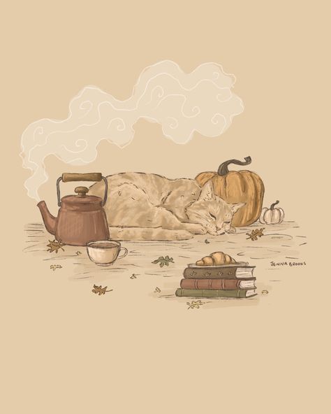 An orange cat sleeps curled up next to two pumpkins, a kettle/teapot, a mug of tea or coffee and some books. Leaves are scattered around. Everything in illustrated in a warm fall colour palette for the autumn. Cozy Cat Drawing, Cozy Art Drawing, Cozy Vibes Aesthetic Wallpaper, Thanksgiving Cat Wallpaper, Cozy Design Graphic, Coffee Aesthetic Wallpaper Desktop, Fall Cat Wallpaper, Cozy Pfp, Drawn Calendar