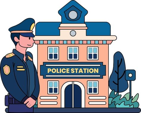 Vector police and police station illustr... | Premium Vector #Freepik #vector #police-man #police-office #policeman #police-officer Police Station Illustration, Hospital Icon, Police Man, Doodle Style, Police Station, Psd Icon, Policeman, Iconic Photos, Police Officer