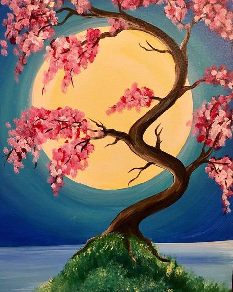 Crazy Painting Ideas, Spring Season Painting, Spring Season Drawing, Watercolor Ring, Easy Nature Paintings, Cherry Blossom Tree Painting, Spring Artwork, Japanese Spring, Easy Landscape Paintings