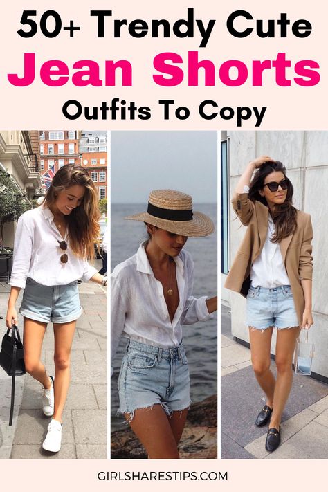 Jean Cutoff Shorts Outfit, How To Wear Jean Shorts, Style Long Jean Shorts, Fall Jean Shorts Outfit, Jean Shorts Outfit 2023, Jean Shorts Fall Outfit, Classy Denim Shorts Outfit, Light Denim Shorts Outfit, What To Wear With White Shorts