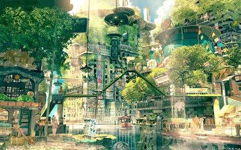 Anime 1440x900 anime Future City, Anime City, Forest City, Montage Photo, Fantasy City, Green City, Images Wallpaper, 판타지 아트, Environment Design