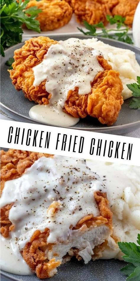 chicken fried chicken with country gravy One Pot Dinners, Chicken Fried Chicken, Diner Recept, Chicken Fried, Fried Chicken Recipes, Deilig Mat, Chicken Dishes Recipes, Idee Pasto Sano, Chicken Breast Recipes