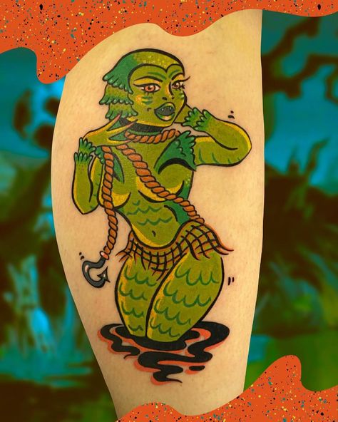 Florida Tattoo Artist on Instagram: “Creature from the Black Lagoon pinup for Vickie! 🖤💚⁣ ⁣ I loved making this design so much, thank you for trusting me with it. 😊⁣ ⁣ ⁣ ⁣ ⁣ ⁣…” Black Lagoon Tattoo, Lagoon Tattoo, Florida Tattoo, Florida Tattoos, Creature From The Black Lagoon, The Black Lagoon, Retro Tattoos, Woman Tattoo, Horror Tattoo