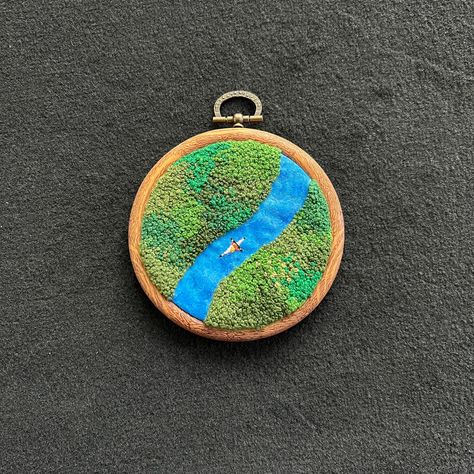 Kayak Embroidery, River Embroidery, Lake Embroidery, Nature Embroidery, Needle Painting, Pyramid Necklace, Amazon Forest, River Kayaking, Textile Art Embroidery