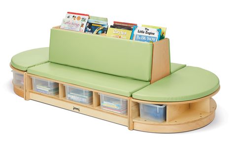 PRICES MAY VARY. SEATING & STORAGE - This 3 piece set includes a double-sided couch and two semi-circle benches to create a literacy center. It has center partitions, 6 tubs, and 4 cubbie-trays for storage books and literacy items. Includes key lime cushions. CLASSROOM, DAYCARE, & HOME USE - Our Read-a-Round 3 Piece Set is ideal for your classroom, daycare, preschool, home, playroom, montessori, and more. The large storage space is great for having this be a literacy center for children. FULLY A Pediatric Waiting Room Ideas, Daycare Bathroom, Childrens Salon, Playroom Montessori, Waldorf Playroom, Home Playroom, Reading Corner Classroom, Storage Books, Daycare Furniture