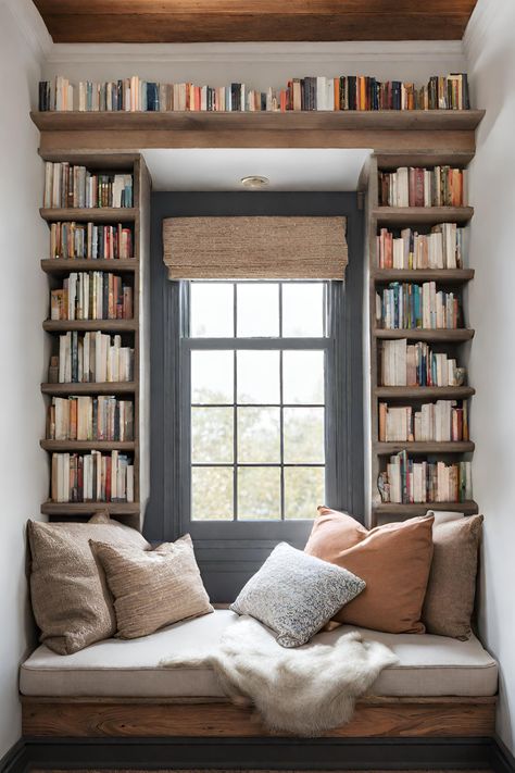 Discover ultimate tranquility in this plush window seat reading nook, perfectly designed for warm cups of tea, cozy blankets, captivating books, and serene rainy days. Book Nooks Cozy Home Libraries, Library Room Small, Reading Room Ideas Cozy, Cozy Library Room, Small Library Room, Reading Nook Window, Corner Reading Nooks, Cozy Home Library, Cozy Window Seat