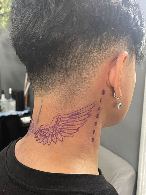 Back Neck Wings Tattoo Men, Men Behind Neck Tattoo, Wing Tattoo On Neck Men, Neck Wing Tattoo Men, Wings On The Neck Tattoo, Wing Tattoo Neck Men, Wings Tattoo Neck Men, Neck Tattoo Words Men, Minimal Knee Tattoos Women