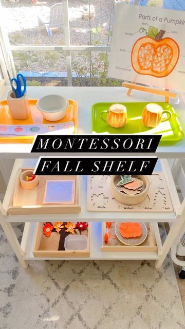 Montessori, Montessori October Practical Life, Montessori Art Shelf Ideas, Montessori Art Shelf Preschool, Fall Montessori Practical Life, Montessori Pin Punching, Fall Montessori Shelves, Autumn Montessori Activities, Montessori Language Shelf