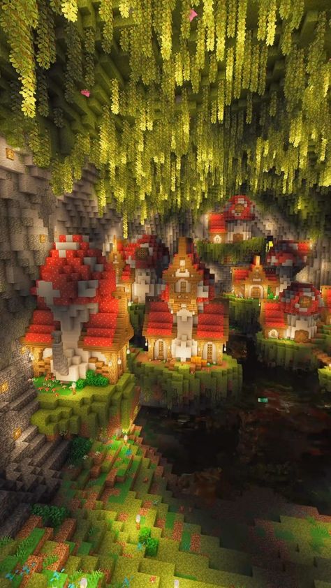 Aesthetic Minecraft Cave Builds, Mushroom Cave Minecraft, Enchanted Cave Minecraft, Minecraft Mushroom House Interior, Mushroom Minecraft Village, Minecraft Cave Aesthetic, Big Mushroom Minecraft, Lush Cave Village Minecraft, Minecraft Cave Base Ideas Aesthetic