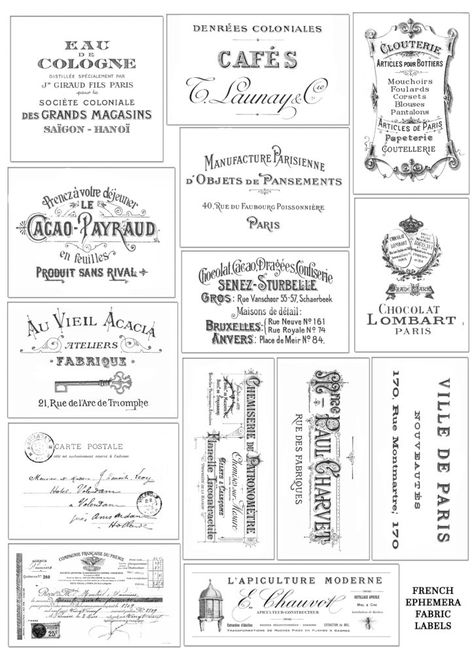 Learn how to make stunning French Ephemera Fabric Labels using the iron on transfer paper technique and use them to beautify different types of objects Vintage Labels Printables, Etiquette Vintage, French Ephemera, Free Vintage Printables, Labels Printables Free, Free Printable Art, Graphics Fairy, Fabric Labels, Printable Labels