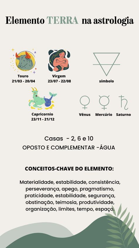 Os signos de terra, Touro, Virgem e Capricórnio, são conhecidos por serem práticos, trabalhadores e focados em suas metas. Eles são conectados à natureza e valorizam a simplicidade e a autenticidade. No entanto, também podem ser teimosos e reservados. #astrologia #elementoterra #signosdeterra #personalidade #autoconhecimento Elemento Terra, Element Earth, Lei, Signs