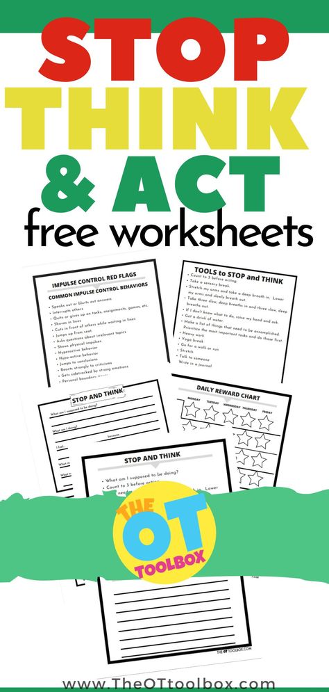 {Free} Stop and Think Worksheets for kids, teens, and adults, too! Use these printable sheets to help with working memory, impulse control, self-monitoring, and emotional control. Impulse Control Middle School, Stop And Think Worksheet, Self Regulation Activities For Adults, Self Control Sel Lessons, Stop And Think Behavior Sheet, Impulse Control Activities For Middle School, Self Control Worksheets Free Printable, Anger Control Affirmation, Anger Control Activities For Kids