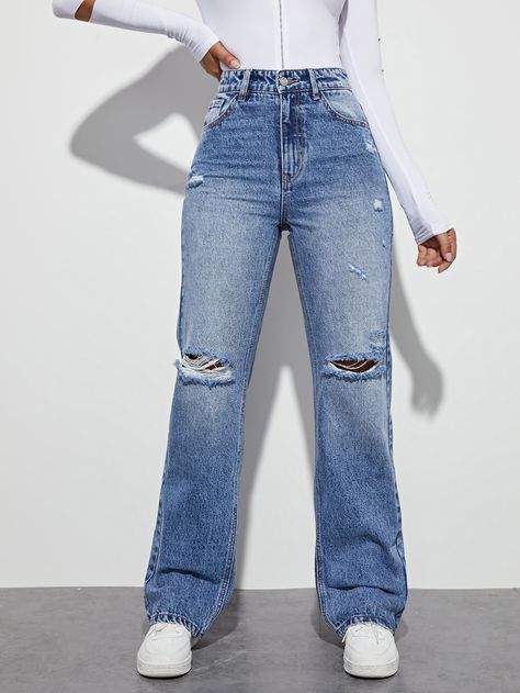 Medium Wash    Denim Plain Straight Leg Embellished Non-Stretch  Women Denim Patchwork, Tall Women Fashion, Boys Plaid Shirt, Pink Denim Jacket, Casual Chic Outfits, Casual Denim Pants, Straight Fit Denim, Casual College Outfits, Estilo Denim