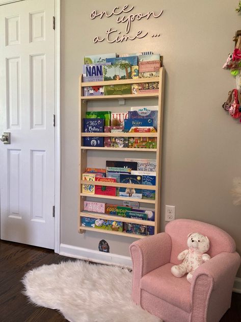 Book And Toy Shelf, Space Saver Bookshelf Ideas, Book Shelf Toddler Room, Toddler Wall Storage, Nursery Wall Bookshelf, Kids Book Shelf Wall, Book Shelves For Nursery, Baby Book Shelves, Wall Bookshelf Nursery