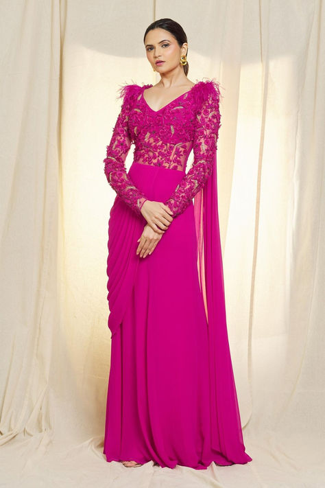 Pink Georgette Embroidered 3D Resham Dori Wide Draped Saree Gown Haute Couture, Couture, Draped Saree Gown, Saree Gowns, Draping Styles, Fashionable Saree, Gown Designs, Draped Saree, Trendy Outfits Indian