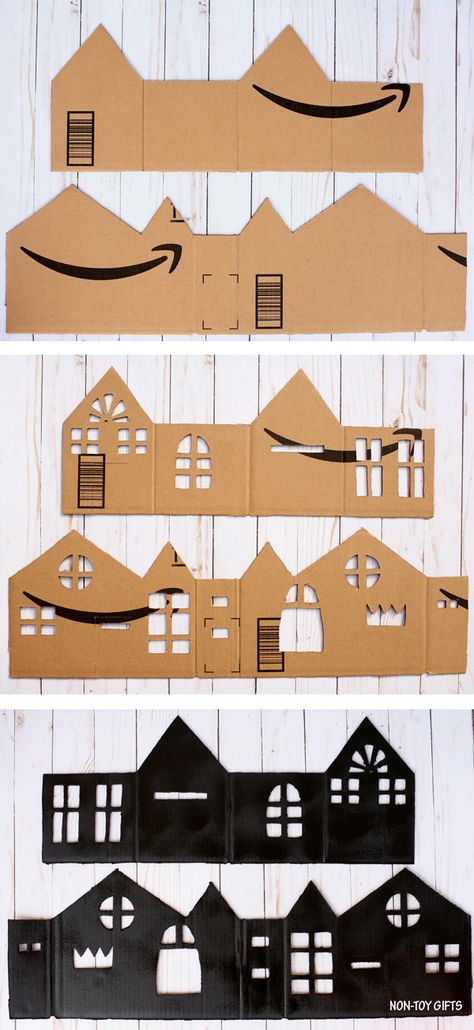 Halloweenpyssel Barn, Cardboard Houses, Casa Halloween, Homemade Halloween Decorations, Diy Halloween Decor, Manualidades Halloween, Halloween Crafts Decorations, Homemade Halloween, Theme Halloween