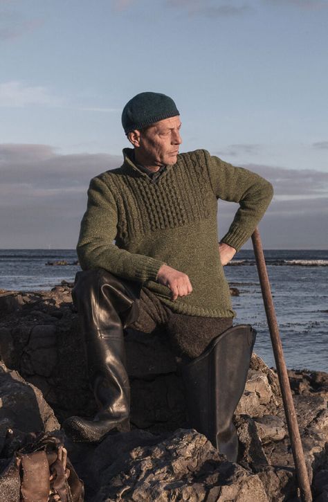 Fishermen, Sailors , Captain, Fisherman & Mariner - Maritime Portrait Picture , Coastal Living Style Nautical Moods , Gansey Sweater Autumn / Winter 2020 | Inis Meáin Knitting Co. Sailor Sweater Men, Fisherman Sweater Men's, Irish Fisherman Aesthetic, Fisherman Outfits, Fisherman Aesthetic Outfit, Fisherman Core, Knitted Sweaters Aesthetic, Scottish Fisherman, Fisherman Sweater Outfit