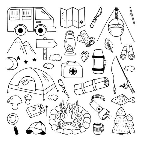 Vector set of hand drawn camping and hik... | Premium Vector #Freepik #vector #camping-equipment #camping #camping-adventure #camping-tent Campsite Drawing Easy, Camping Flash Tattoo, Camping Simple Drawing, How To Draw Camping Stuff, Trekking Doodle, Camping Doodles Simple, Hiking Doodles Simple, Adventure Doodles Simple, Hiking Coloring Pages