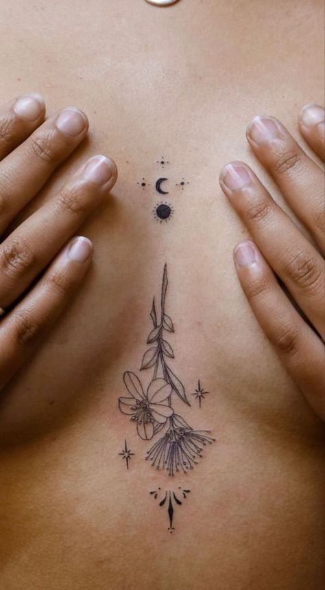 Sternum Tattoos Women Unique, Inbetween Breast Tattoo Ideas, Fine Line Chest Tattoo Female, Nature Sternum Tattoo, Small Chest Tattoos For Women, Breast Bone Tattoos For Women, Sternum Tattoo Women Simple, Dainty Chest Tattoo Female, Tattoo Between Chest