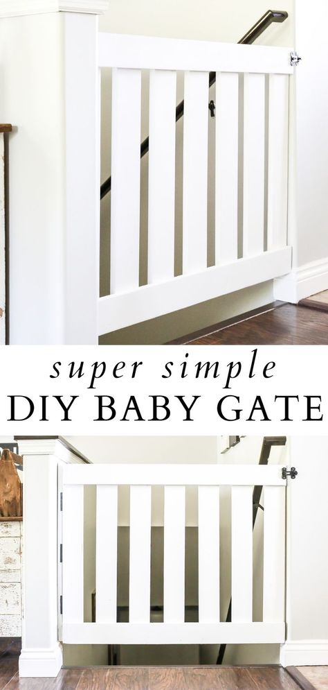 Simple white wooden DIY baby gate Build Baby Gate, Diy Half Door Ideas, Wood Baby Gates, How To Make A Dog Gate For Stairs, Dog Gate Door, Diy Pet Gates Indoor Easy, Diy Wooden Gate For Stairs, Wooden Gate For Stairs, Gate For Bottom Of Stairs
