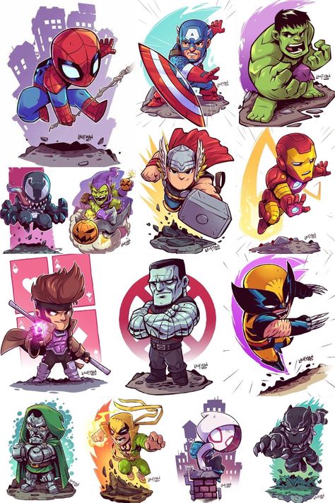 Marvel Comics. Comic Book Artwork • Marvel Characters by Derek Laufman. Follow us for more awesome comic art, or check out our online store www.7ate9comics.com Marvel Tattoo Design, Marvel Tattoos For Men, Chibi Superhero, Derek Laufman, Chibi Marvel, Avengers Cartoon, Marvel Cartoons, Karakter Marvel, Marvel Tattoos