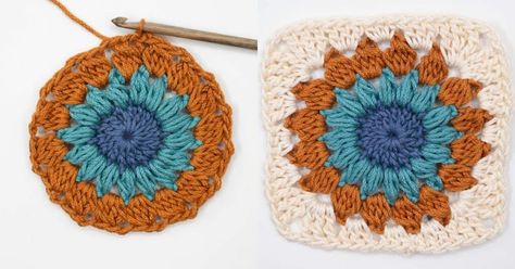 How To Crochet a Sunburst Granny Square Nature, Crochet Poppy Pattern, Crochet Poppy, Sunburst Granny Square, Quick Crochet Projects, Crochet Wreath, Flower Granny Square, Crochet Garland, Crochet Flowers Free Pattern