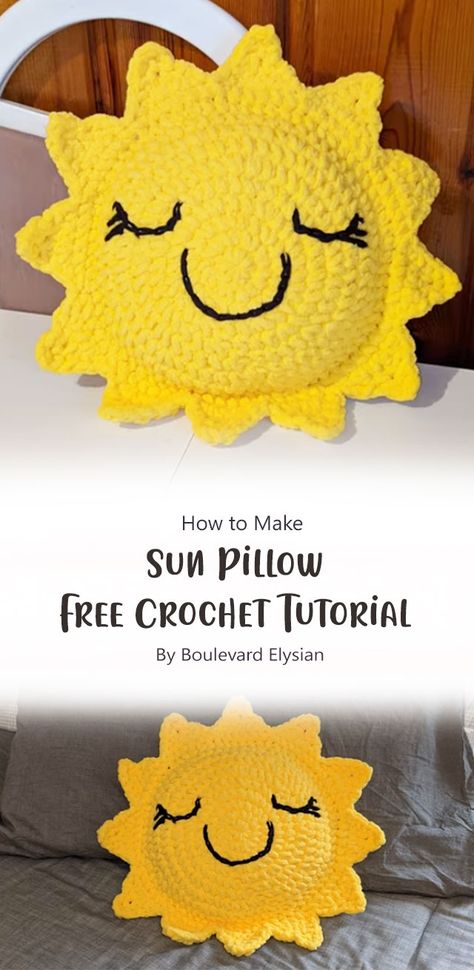 With this tutorial, you’re well-equipped to embark on your creative journey. So, pick up your crochet hook, choose your favorite sun-inspired yarn, and start crafting your very own Boulevard Elysian Sun Pillow today! Crochet Sunshine Pillow, Sunshine Crochet Pillow, Amigurumi Patterns, Sun Pillow Crochet Pattern Free, Sunshine Pillow Crochet, Sun Pattern Crochet, Bee Pillow Crochet, Crochet Sunflower Pillow Pattern, Sun Crochet Pillow