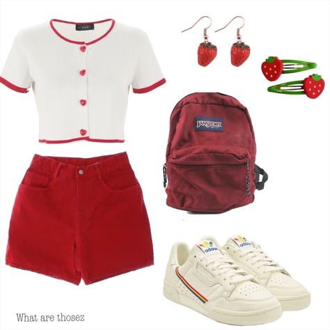 Soft Red Aesthetic Outfit, Turning Red Inspired Outfits, Red White And Blue Outfits Aesthetic, Red Outfit Ideas Aesthetic, Red 80s Outfit, Red Outfit Layout, Summer Red Outfits, Red Retro Outfits, Cute Red Clothes