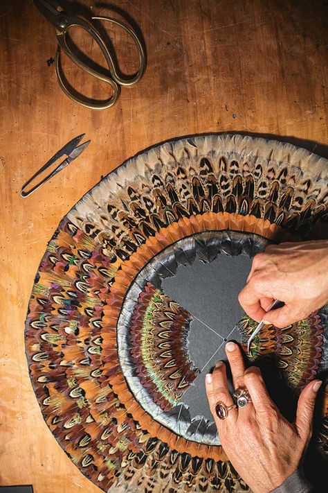 Ōpōtiki artist Fiona Kerr Gedson transforms feathers into Nepal-inspired mandalas - thisNZlife Mandalas, Projects With Feathers, Turkey Feather Display, Feather Display Ideas, Feather Art Diy, Art With Feathers, Diy Feather Decor, Feather Art Projects, Turkey Hunting Decor