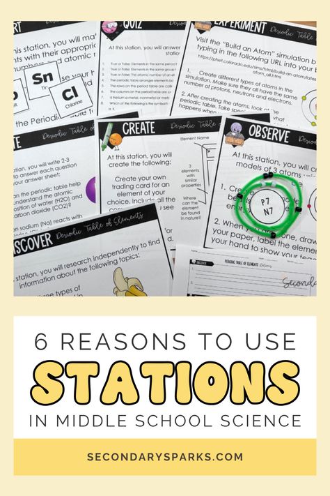 Classroom stations aren't just for elementary school! They can revolutionize your middle school science class, maximizing learning time, promoting active learning and making real-world connections. It's the classroom strategy you never knew you needed. Learn more about using stations and the 6 reasons you should start using them in your physical science, life science or earth space science class today! Secondarysparks.com. Science Stations Elementary, Science Stations Middle School, Middle School Science Classroom Ideas, Science Middle School Classroom, Portland Oregon Summer, Middle School Earth Science, Middle School Physical Science, Middle School Life Science, Middle School Science Lab