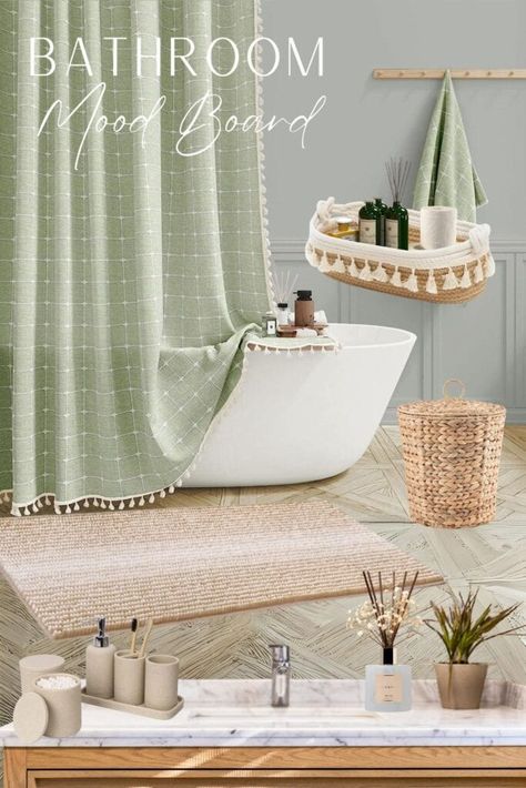 Sage Green Bathroom Idea, Relaxing Bathroom Accessories Beige And Green Bathroom, Sage Green Shower Curtain, Sage Green Bathroom, Green Shower Curtain, Green Bathroom Decor, Serene Bathroom, Relaxing Bathroom, Farmhouse Shower Curtain, Bathroom Oasis