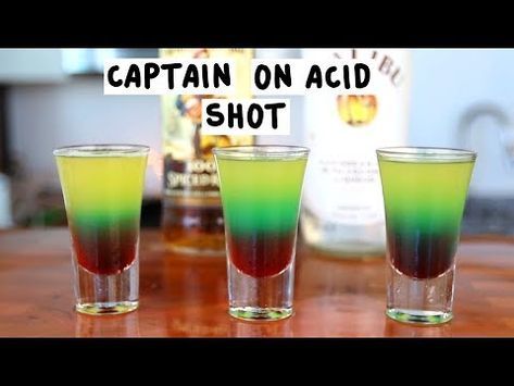 CAPTAIN ON ACID SHOT 1/2 oz. (15ml) Captain Morgan Rum 1/2 oz. (15ml) Coconut Rum 1 oz. (30ml) Pineapple Juice Splash Blue Curacao Splash Grenadine PREPARATION 1. In a shaker with ice, combine Captain Morgan spiced rum, Coconut Rum, and pineapple juice. Shake well. 2. Strain mix into a shot glass, filling it almost to the top. 3. Carefully add a splash of blue Curaçao and a splash of grenadine. DRINK RESPONSIBLY! Essen, Shots With Grenadine, Mixed Drinks With Captain Morgan, Shots With Pineapple Juice, Coconut Rum Shots, Drinks With Captain Morgan, Captain Morgan Spiced Rum Drinks, Captain Morgan Drinks Spiced Rum, Captain Morgan Shots