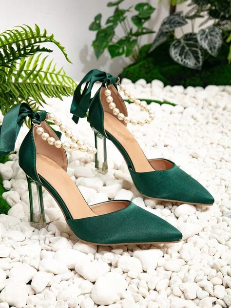 Bow & Faux Pearl Decor Point Toe Chunky Heeled Satin Ankle Strap Pumps | SHEIN UK Ariana Grande Album, Green Pumps, Verde Smeraldo, Party Pumps, Green Heels, Pearl Decor, Makeup Clothes, Girly Shoes, Ankle Strap Pumps