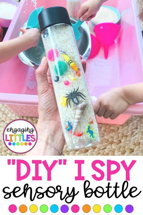 Easy DIY I spy bottles! | Sensory bottles, Sensory crafts, Preschool activities Diy Eye Spy Bottle, Seek And Find Bottle Rice, How To Make I Spy Bottles, Bug Sensory Bottles, Sensory Water Bottles Diy, Sensory Bottle Ideas For Preschoolers, Diy I Spy Jars, Diy Find It Bottle, Diy Ispy Bottles