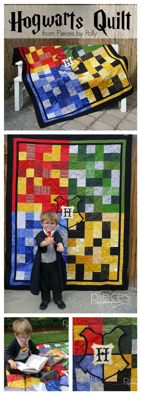 Pieces by Polly: Hogwarts Quilt with Crest - Harry Potter Inspired Hogwarts Quilt, Crochet Patterns Harry Potter, Harry Potter Quilt, Knitting Gifts, Harry Potter Nursery, Festa Harry Potter, Theme Harry Potter, Harry Potter Baby, Harry Potter Crafts