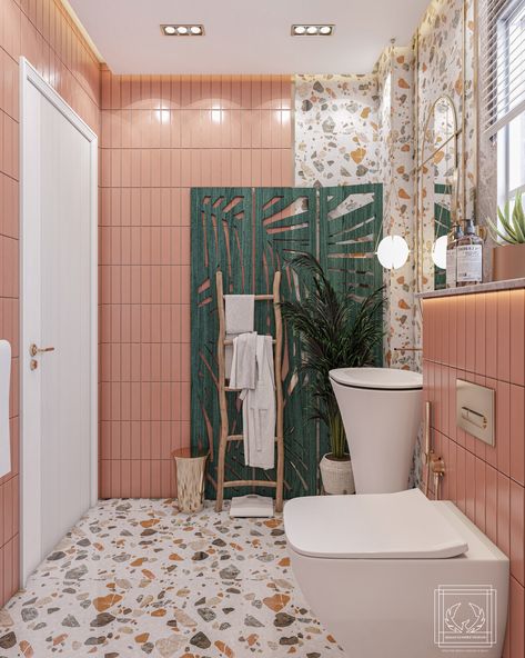A cheerful modern bathroom with peach tones and hints of green. #moderninterior #cheerfulinterior #peachinterior #Peachbathroom #cheerfulbathroom Peach Colour Bathroom, Green Tones Bathroom, Bathroom With Colorful Tiles, 2x3 Bathroom Layout, Pistachio Bathroom Ideas, Just Peachy Bathroom, Bathroom Peach Color, Peach Green Bathroom, Peach Tiles Bathroom