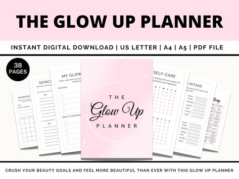 Transform your life and achieve your aspirations with The Glow Up Planner. This planner is designed to help you stay on track and reach your goals, while providing the tools you need to improve yourself and your life.  ✨ After purchasing ✨  You will receive 3 PDF files including all 38 pages - Size A4, A5 & US letter to print and to use by hand. NOTE: This is a DIGITAL download, and you will NOT get anything physically sent to you.  What do I need to know?  - This planner is for personal use only - any distribution or manufacturing will be strictly prohibited!  - Downloads will be easier done on a desktop as you won't be able to download the PDF file through the Etsy App. - Returns are not accepted but you are more than welcome to send me a message if you have any issues or queries - pleas Glow Up Tracker, Glow Up Journal, Challenge Self Care, Glow Up Planner, Glow Up Guide, Glow Up Challenge, Self Care Planner, Glow Up, The Glow Up