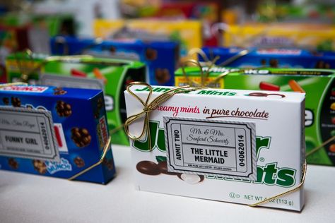 Belinda and Danielle had a hint of a movie theme at their wedding — like reception place cards that were personal boxes of Mike & Ike's and Junior Mints, like you get at a theater. Amigurumi Patterns, Reception Place Cards, Candy Place, Wedding Reception Places, Movie Theme Wedding, Junior Mints, Inexpensive Wedding Invitations, Wedding Ceremony Script, Mike And Ike