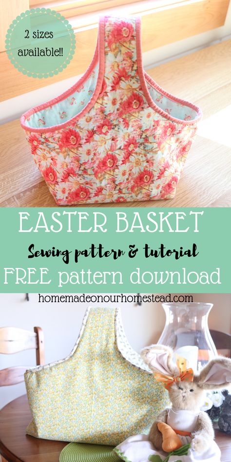 Learn how to make this adorable fabric Easter basket. Sewing pattern available in 2 sizes!! Easy to follow sewing instructions with detailed pictures to help you create these adorable Easter baskets in no time. Instant PDF sewing pattern download. Head over to the blog now to print your free pattern as well as some Easter basket gift tags! #Easterbasketsewingpattern #howtosewaneasterbasket #fabriceasterbasketsewingpattern #learnhowtosewaneasterbasket #quickandeasysewingpattern #freesewingpattern Sew Ins, Easter Basket Sewing Pattern, Handy Basket, Basket Sewing Pattern, Easter Sewing Crafts, Easter Basket Pattern, Fabric Easter Basket, Free Pattern Download, Sewing Instructions