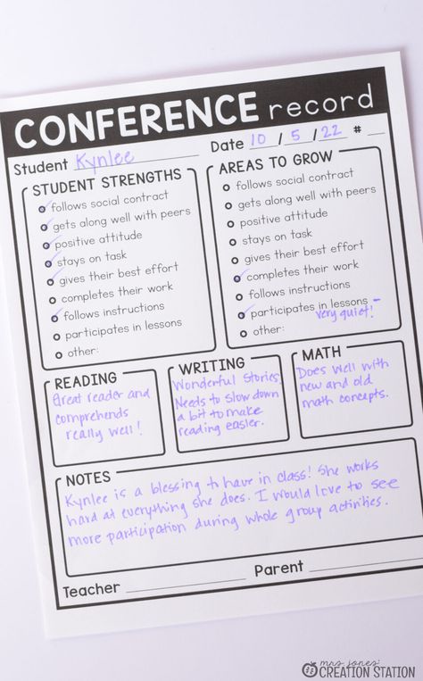 Teacher Data Binder Organization, First Grade Teacher Organization, Classroom Setup Checklist Elementary, Student Orientation Ideas, Student Teaching Essentials, Parent Teacher Conferences Outfit, Parent Communication Ideas, Questions To Ask Parents, Parent Teacher Conference Notes