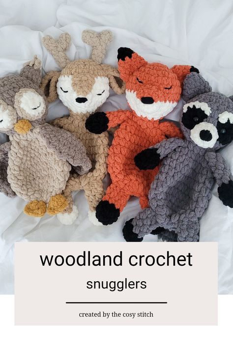 Create your own Owl, Deer, Fox, and Raccoon snugglers Couture, Amigurumi Patterns, Crochet Raccoon Lovey Free Pattern, Crochet Deer Snuggler, Raccoon Lovey Crochet Pattern, Fawn Crochet Pattern, Crochet Deer Amigurumi, Crochet Woodland Creatures Free Pattern, Crocheted Woodland Animals