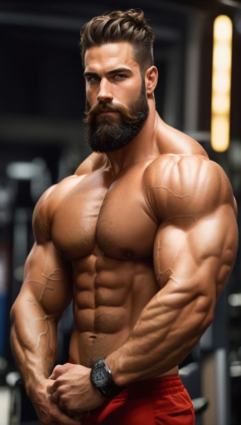 Man with a beard and a beardlock posing for a picture, muscular character, exaggerated muscle physique, muscular male hero, muscular male, muscular characters, muscular build, bodybuilder body, bulging muscles, bodybuilder, large muscles, super buff and cool, chiseled muscles, strong masculine features, muscular body, big muscles, muscular men Buff Men Muscle, Muscular Character, Muscled Man, Masculine Features, Muscular People, Tattoo Free, Burly Men, Man With A Beard, Muscular Male