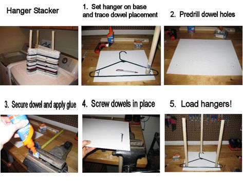 DIY hanger stacker for closet or laundry room:  11x14 base (I bought a 3-pack of boards in the craft department at walmart), 7/8" wood dowels (I cut 36" dowels in half so that I had 18" height), wood glue & wood screws. Organisation, Diy Hanger Stacker, Diy Hanger Organizer, Hanger Organization Diy, Diy Clothes Hanger Storage, Diy Hanger, Clothes Hanger Storage, Diy Clothes Hangers, Room Storage Diy