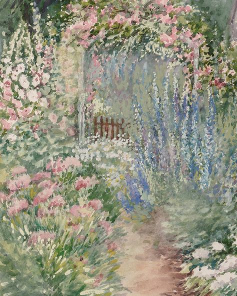 Flower Garden Painting, Cottage Landscape, Farmhouse Paintings, Victorian Paintings, Country Landscaping, Garden Painting, Lukisan Cat Air, Garden Print, French Country Cottage