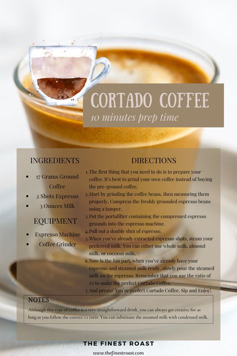 This pin shows the cortado coffee recipe. Cortado Coffee Recipe, Espresso Coffee Recipes, Cortado Recipe, Strong Coffee Recipe, Barista Recipes, Cortado Coffee, Ninja Coffee Bar Recipes, Barista Recipe, Coffee Alternative Healthy