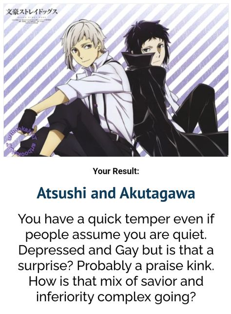 Uquiz.com Bsd, Bsd Fic Recs, Bsd Kin Quiz, Bsd Kinnie Quiz, Bsd Quizzes, Bsd Quiz, Dog Quizzes, Soukoku Fanart, Parent Quiz